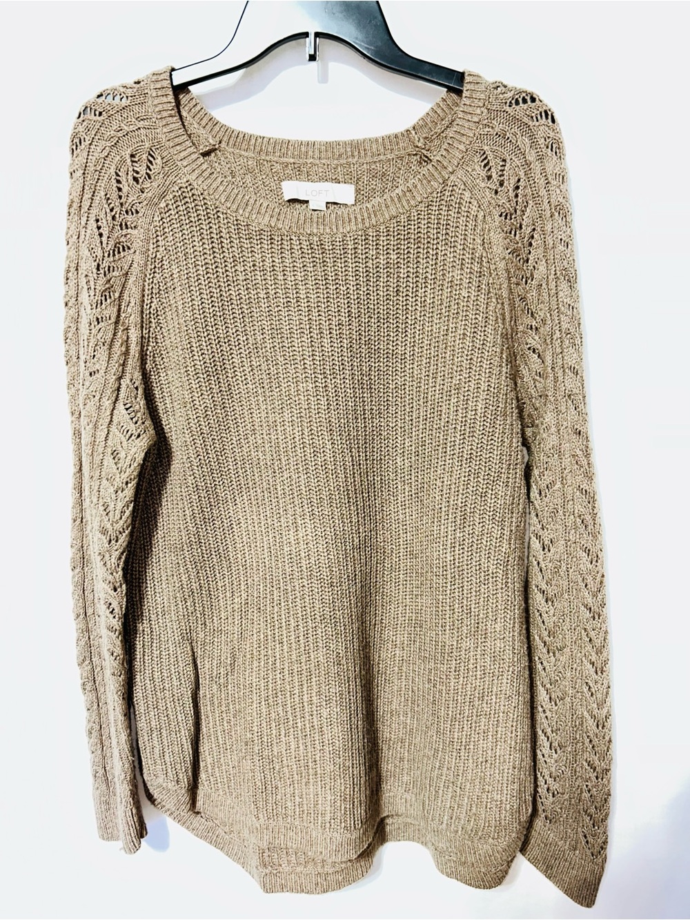 LOFT Tan Openwork-Sleeve Crewneck Sweater Cotton & Camel Hair blend Large NWOT